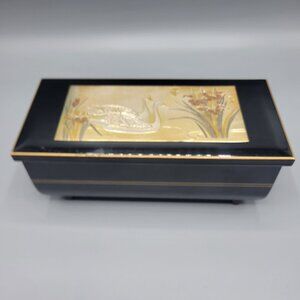Vtg Lacquered Westland Music Jewelry Box Swan Floral Red Velvet Chopin Nocturne